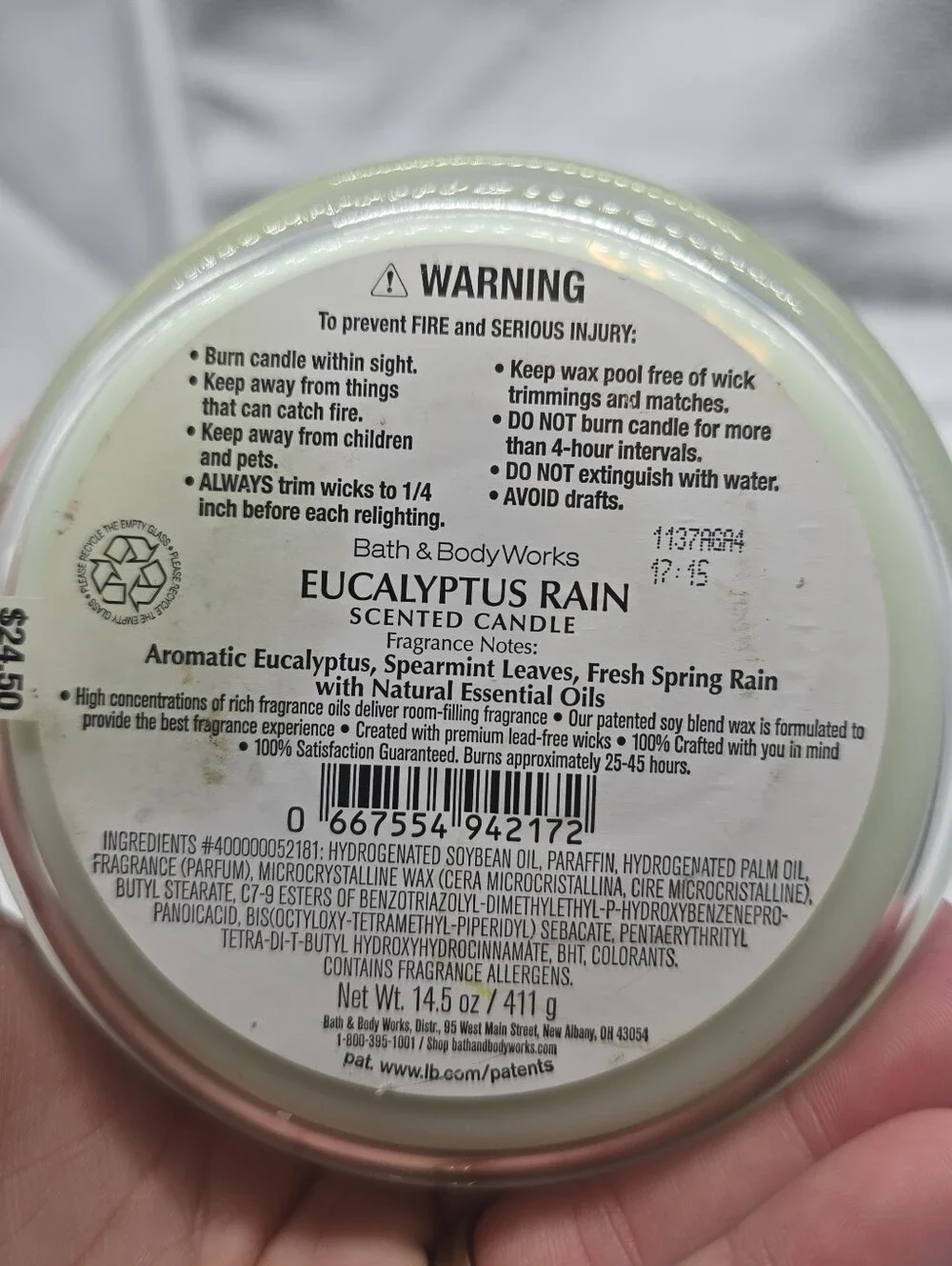 USED Bath & Body Works Eucalyptus Rain 3 Wick Candle 14.5 oz New - Picture 3 of 5